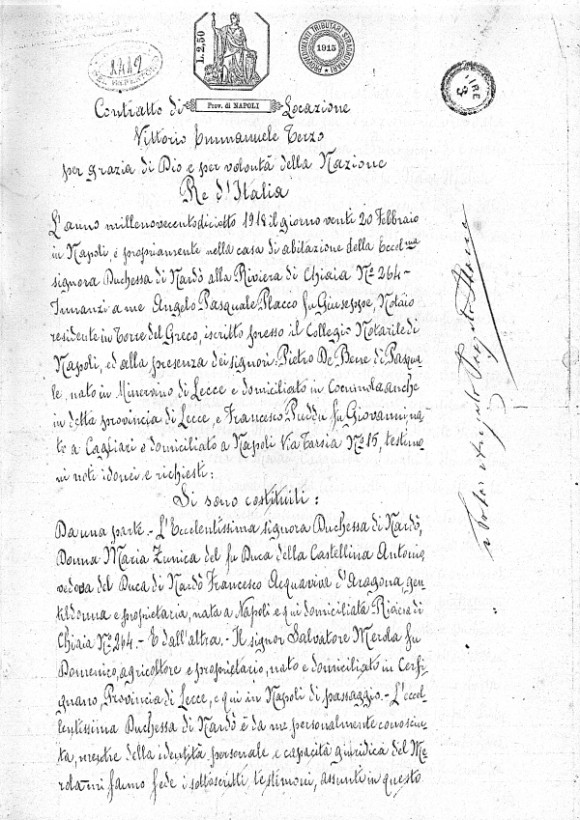 Il contratto di affitto della masseria Capriglia nell'agro di Ortelle, anno 1918