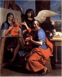 San Luca che mostra un dipinto della Vergine. Questo dipinto del Guercino raffigura la creazione dell'icona della Vergine Odigitria. (Fonte: Wikipedia)